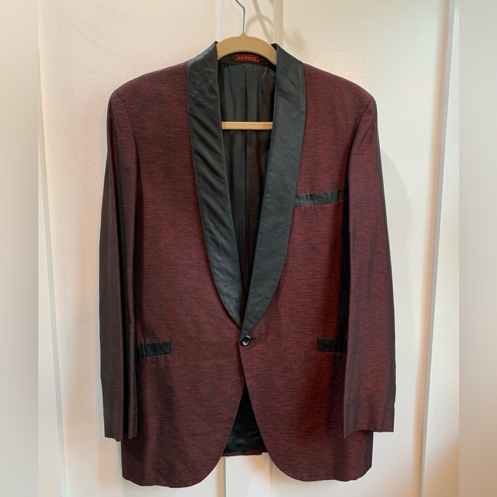 Vintage Custom Tailored Tuxedo Jacket; Black and Maroon; Size: Approximately 38